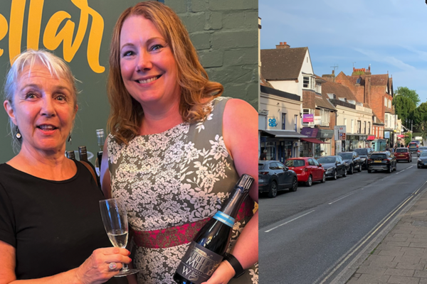 Cllr Katherine Field with the Owner of Sarah's Cellar and Battle High Street
