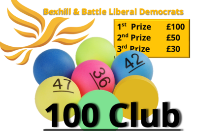 100 Club graphic of 6 coloured pingpong balls and liberal democrat yellow bird image