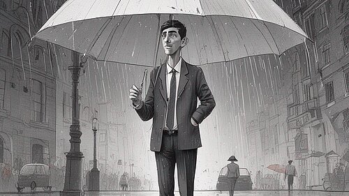 Cartoonists impression of Rishi Sunak standing in the rain under a giant umbrella