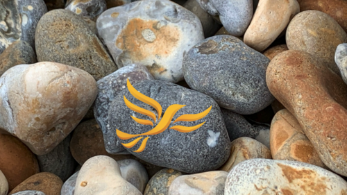 Beach Stones with LibDem Yellow Bird Logo