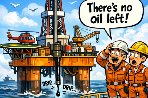 Cartoon depiction of a North Sea Oil Rig with two hard hatted workers with a speech bubble saying "There's no oil left!"