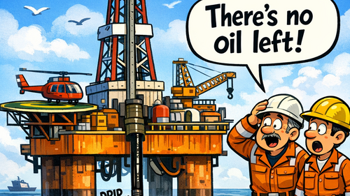 Cartoon depiction of a North Sea Oil Rig with two hard hatted workers with a speech bubble saying "There's no oil left!"
