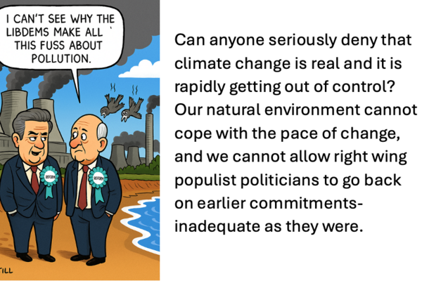 Political Cartoon featuring two politicians standing on a beach in front of an industrial landscape
