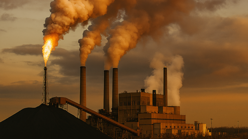 Smoky industrial chimneys discharging waste products into the atmosphere.