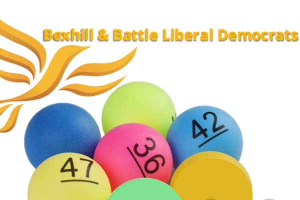 100 Club Logo lib Dem Yellow bird and six numbered coloured PingPong balls