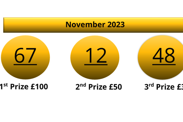 Image of the three balls drawn as numbers 67 first, 12 Second, 48 third prize